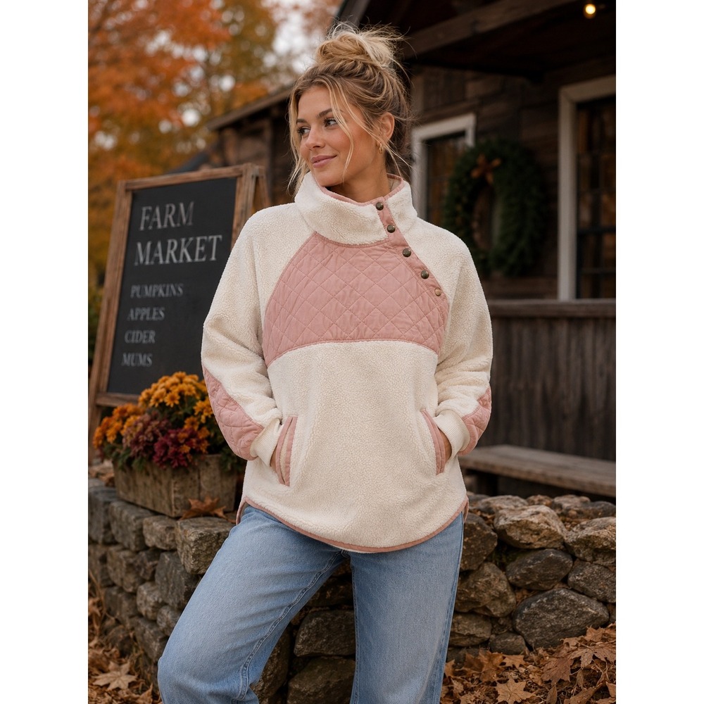 Abercrombie & Fitch Quilted Sherpa Fleece Pullover Snap Neck Cream Pink Sz M